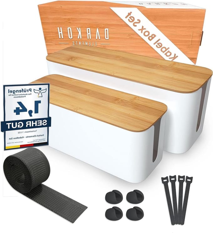 Kabeldoos Wit Set van 2 Large & Medium van ABS Kunststof - Bamboe Deksel Rubberen Voetjes Kabelhouder Kabelbinder Kabelbuis