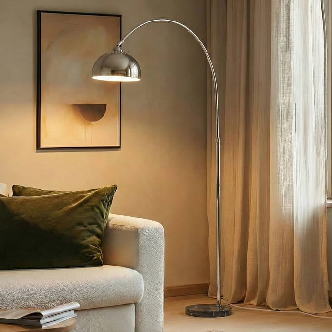 Lindby - booglamp - 1licht - IJzer, marmer - H: 185 cm - E27 - chroom, grijs