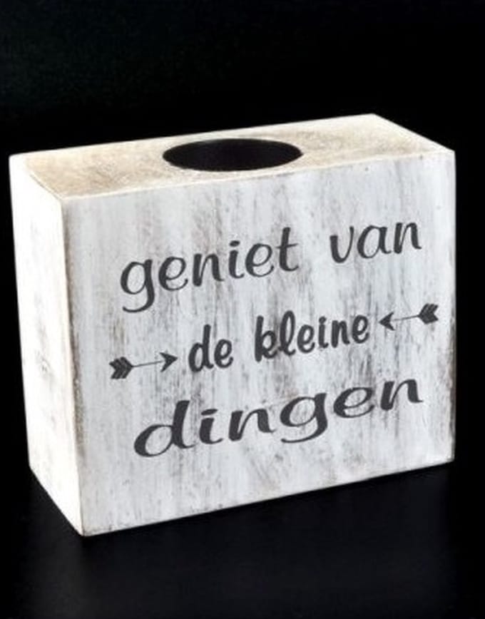 Waxinehouder - Blokvorm - White - Hout - Geniet van de kleine dingen