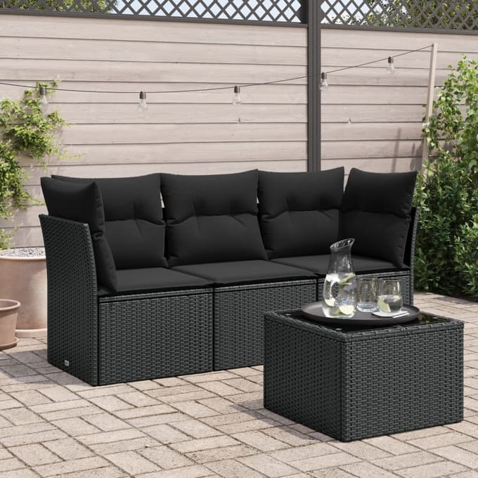 vidaXL - 4-delige - Loungeset - met - kussens - poly - rattan - zwart