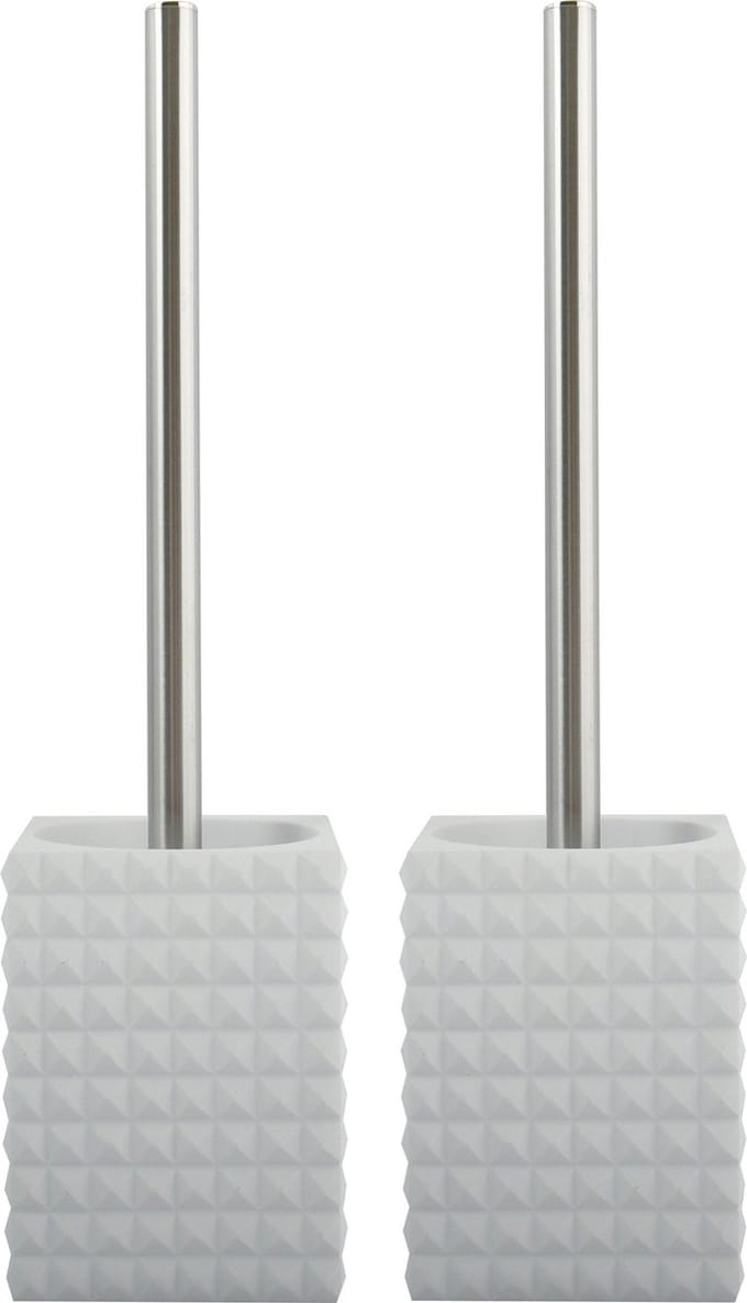 MSV Toiletborstel houder Kubik - 2x - kunststeen - wit/zilver - 37 x 10 cm - Luxe uitstraling