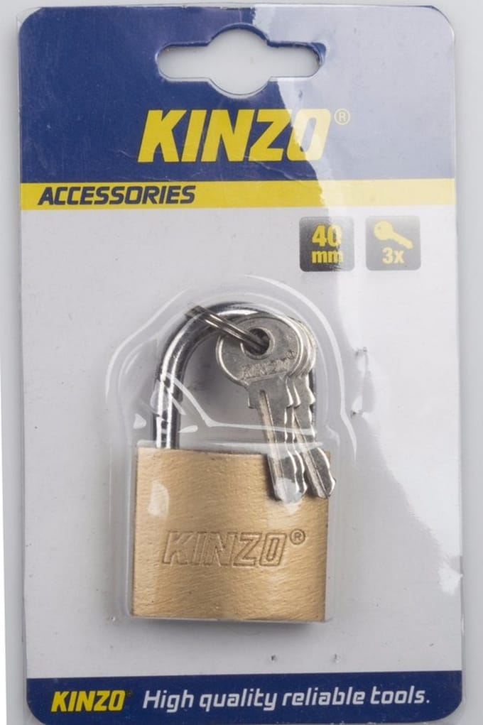 kinzo Hangslot 40mm - messing - inclusief 3 sleutels - stalen beugel