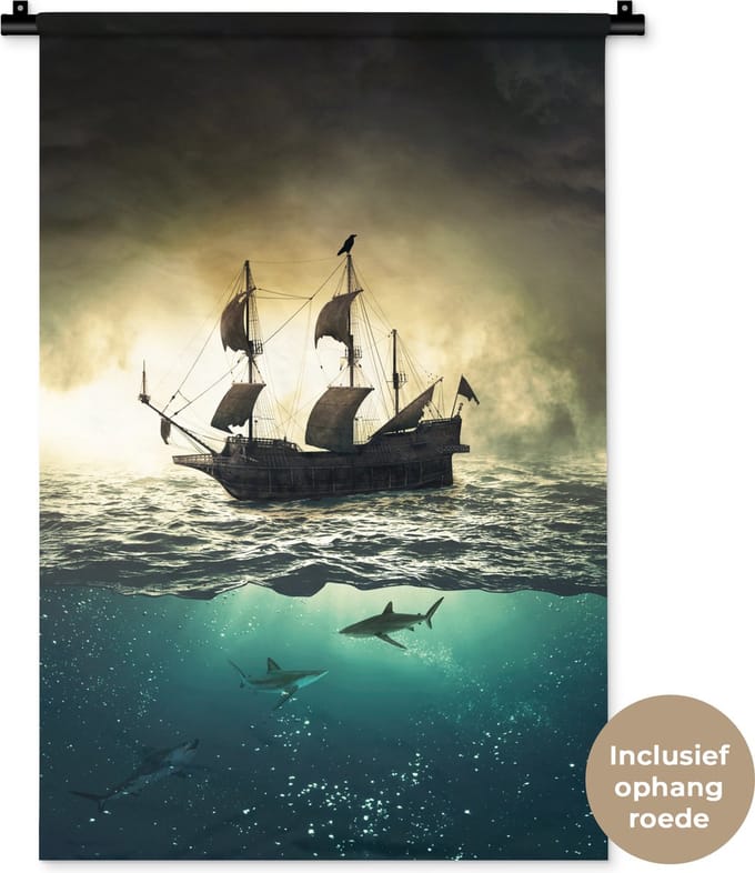 Wandkleed - Wanddoek - Boot - Haai - Zee - 60x90 cm - Wandtapijt