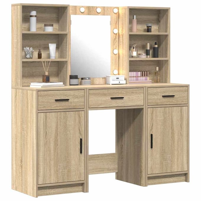 vidaXL - Dressing - tafel - set - met - LED - 3 - st - Sonoma - Eik - Bewerkt - hout