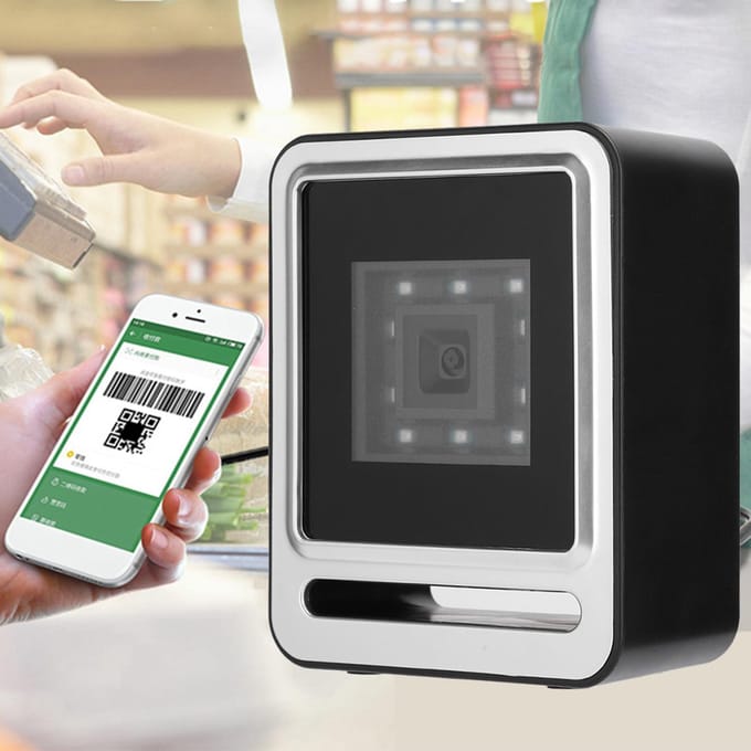 Vaste Barcodescanner 1D QR 2D Handsfree Desktop Barcodelezer met USB-kabel LED-licht zilver