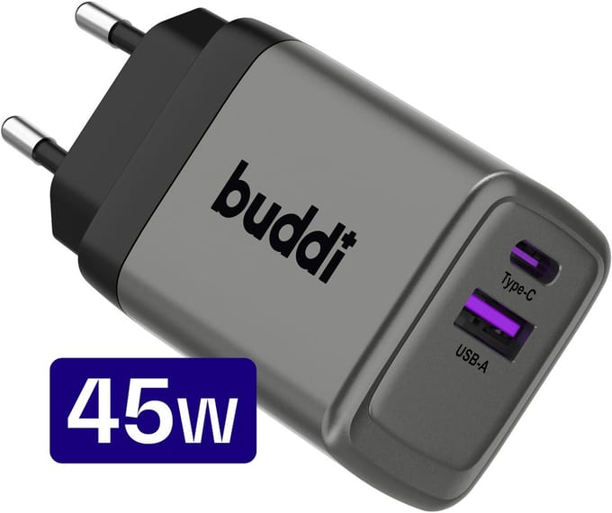 Buddi Power 45W Power Adapter | USB-C + USB-A Adapter | Fast Charge | Snellader voor Smartphone en Tablet | Compact en Efficiënt | GaN-technologie | Grijs