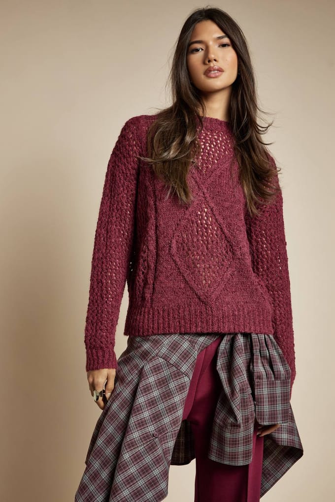 boohoo Dames Gebreide oversized trui met kabeldetails | Burgundy | Maat: Medium