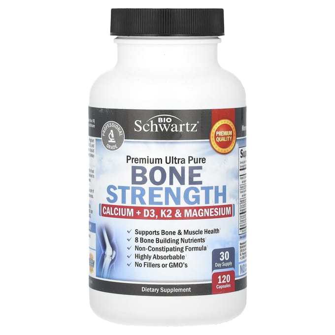 BioSchwartz, Botsterkte, Calcium + D3, K2 en Magnesium, 120 Capsules