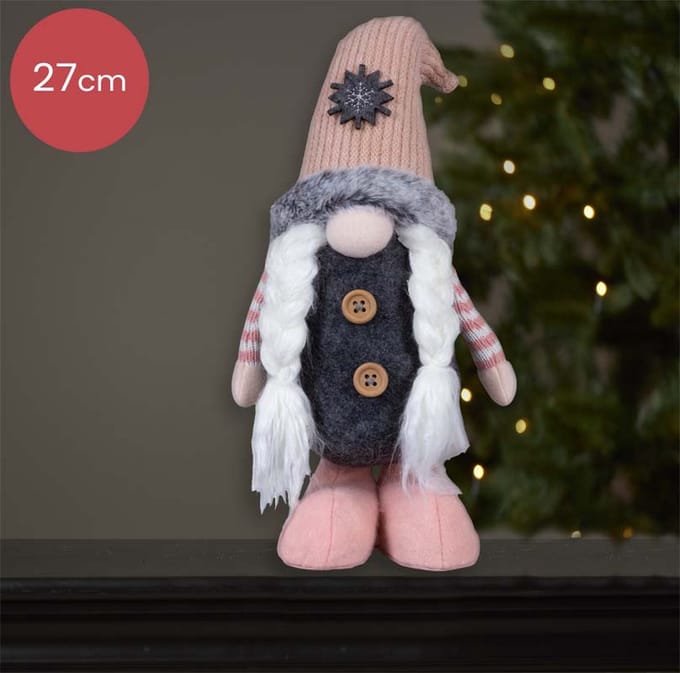 Roze handgemaakt Gnoom-vrouwtje met een beige kleurige muts - 27(37)cm