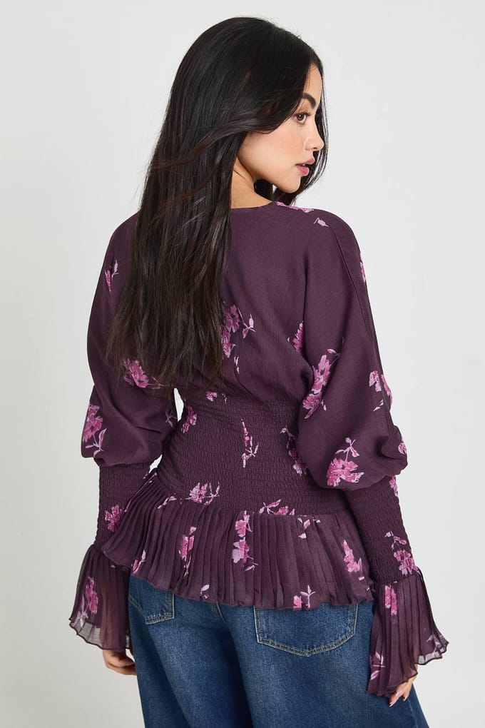 boohoo Dames Bloemen Chiffon Gerimpelde Blouse | Fig | Maat: 8