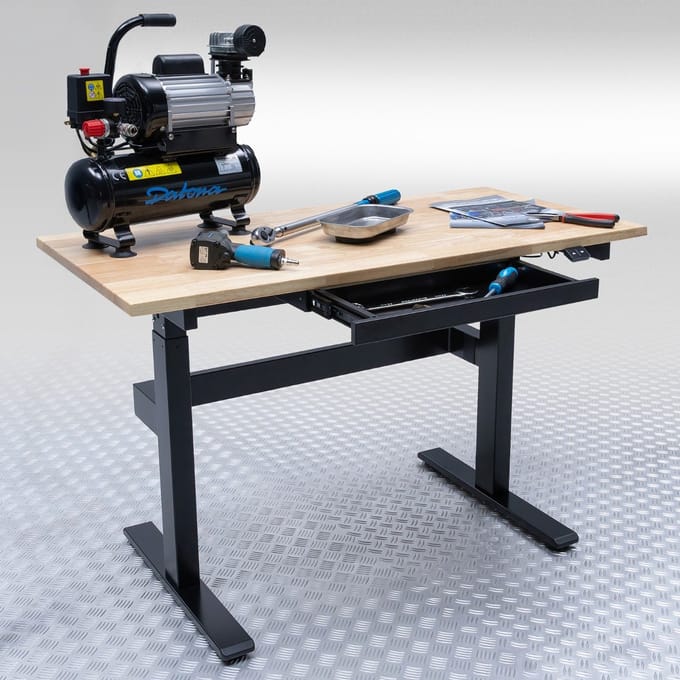 Datona® Verstelbare werkbank - elektrisch in hoogte verstelbare werktafel met eiken werkblad & lade - Zwart
