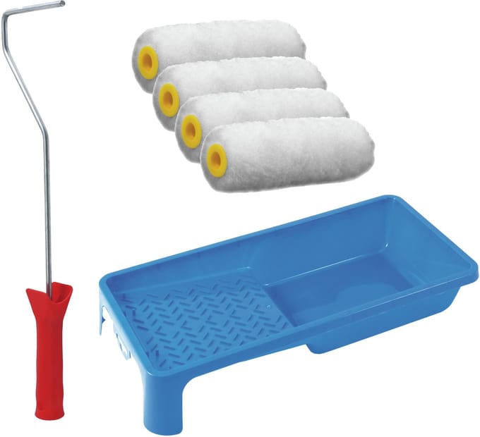 Sorex pluisvrije verfrollers schilderen set - met beugel en verfbak - 4x vacht rollers - breedte 10 cm - dikte 4 cm