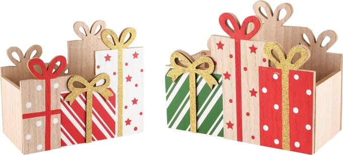 Dekoratief | Set 2 bakjes cadeautjes, rood/groen, hout, 24x12x20cm | A245350