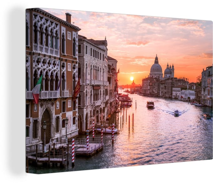 Canvas Schilderij Boot - Water - Zon - Venetië - 90x60 cm - Wanddecoratie