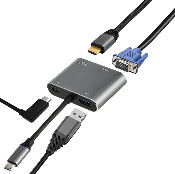 USB-C naar HDMI en VGA Adapter – 4-in-1 Verloopstuk met USB 3.0 en USB-C Oplaadpoort – 4K Beeld – Voor Laptop, Tablet en Apple MacBook