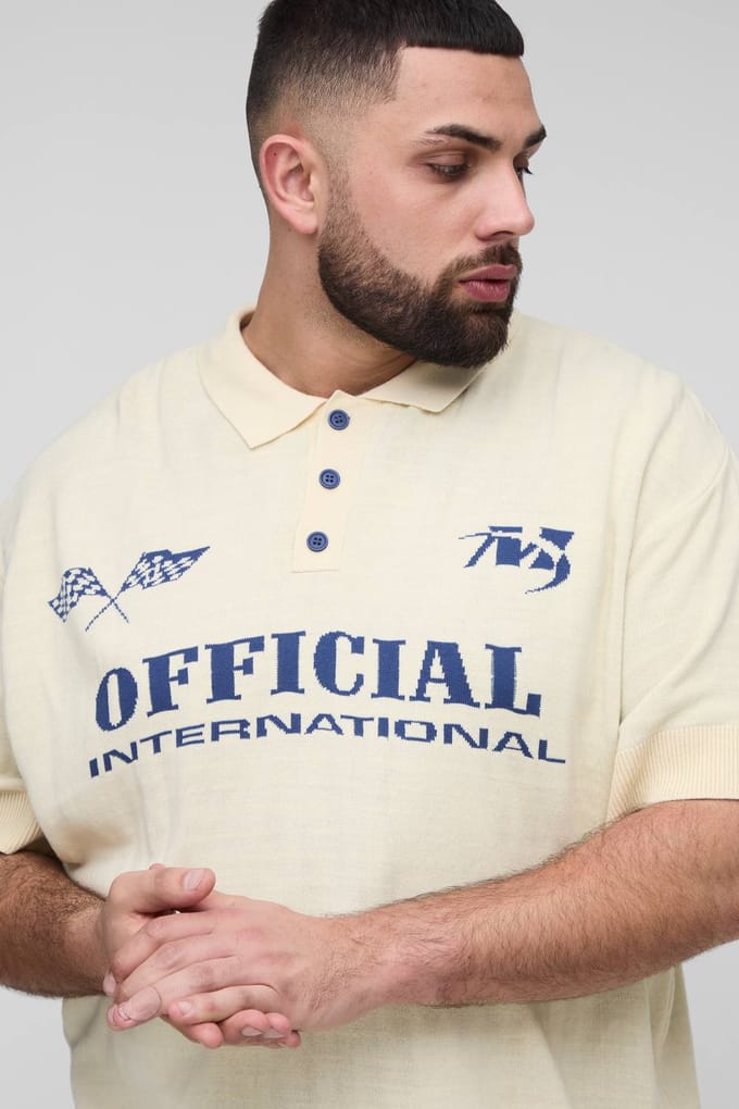 Plus Oversized Official Moto Short Sleeve Knitted Polo | Stone | Size 2XL