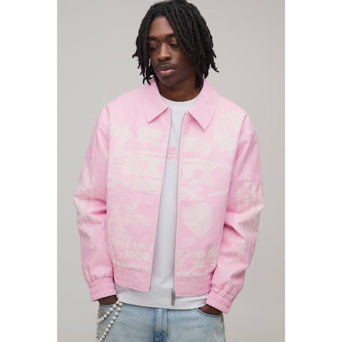 Boxy Fit Pu Bedrukte Grafische Varsity Jas | Pink | Size Medium