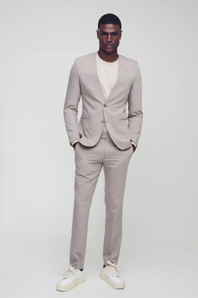 Skinny Fit Collarless Single Breasted Blazer | Stone | Size 48