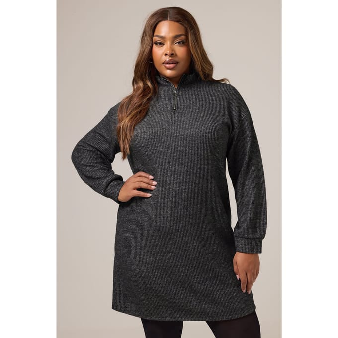 Yours Houtskoolgrijze Geribbelde Truijurk Met Ritshals Size 48