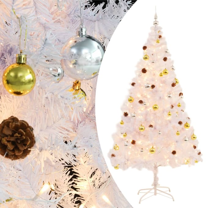 vidaXL - Kunstkerstboom - met - verlichting - en - kerstballen - 210 - cm - wit