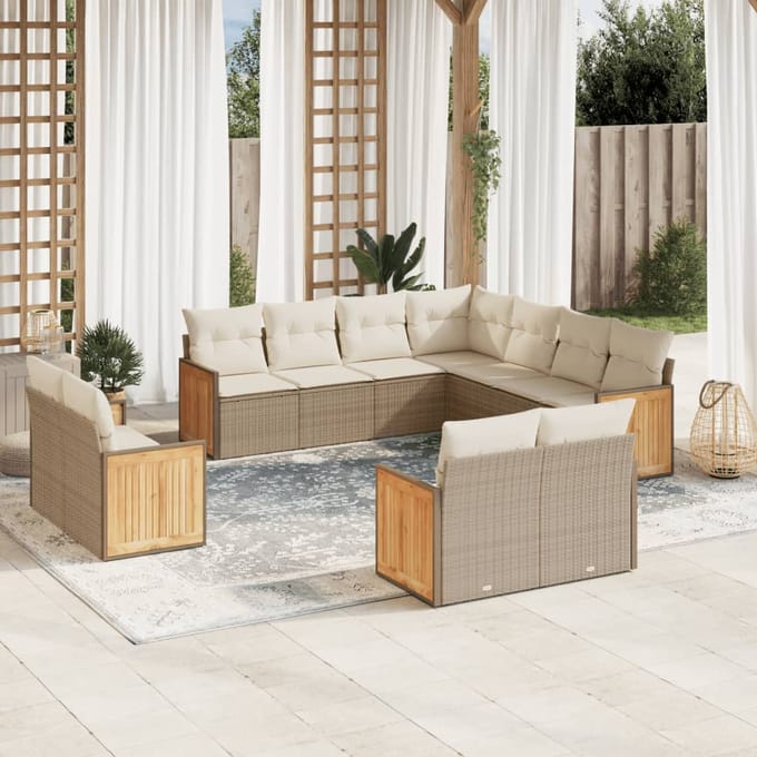 vidaXL - 11-delige - Tuinset - met - kussens - poly - rattan - beige