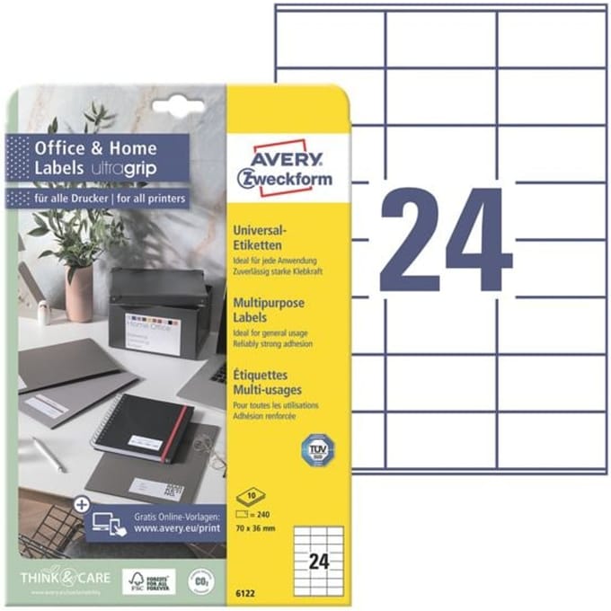 Universele etiketten permanent wit 36x70 mm 240 stuks 6122 met ultragrip