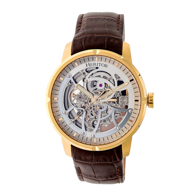 Heritor Automatic Ryder Skeleton leren band horloge - Bruin/Goud