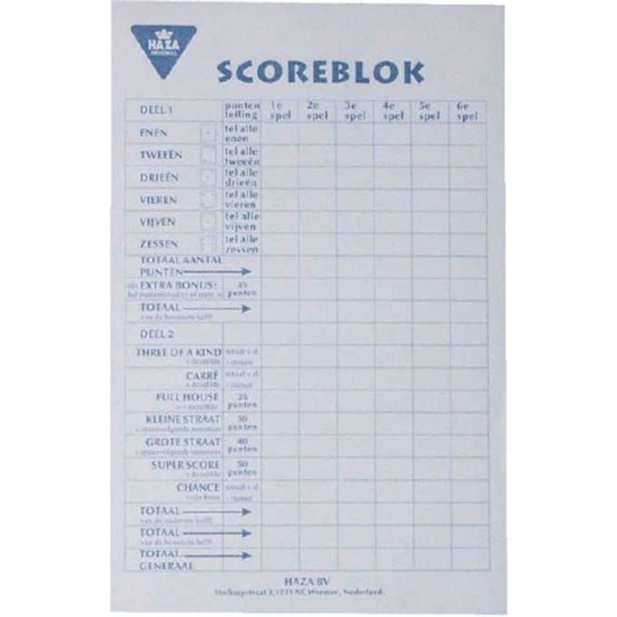 Scoreblok Yahtzee 250 vel Bordspellen