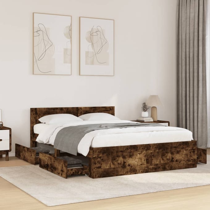 vidaXL - Bedframe - met - hoofdeinde - bewerkt - hout - gerookt - eiken - 140x200 - cm