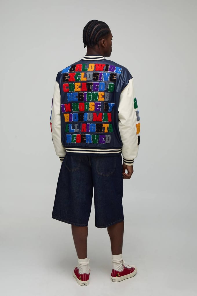 Oversized Boxy Fit Letter Badge Officiële Applique PU Varsity Bomberjack | Navy | Size Medium