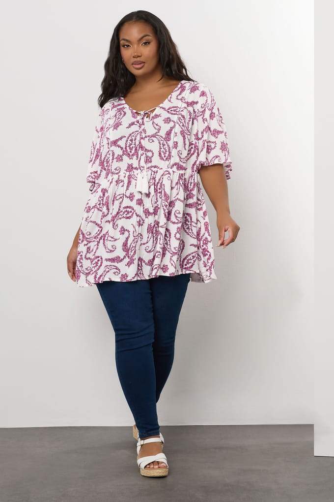 Yours Witte Paisley Print Top Met Strik Aan De Voorkant Size 48