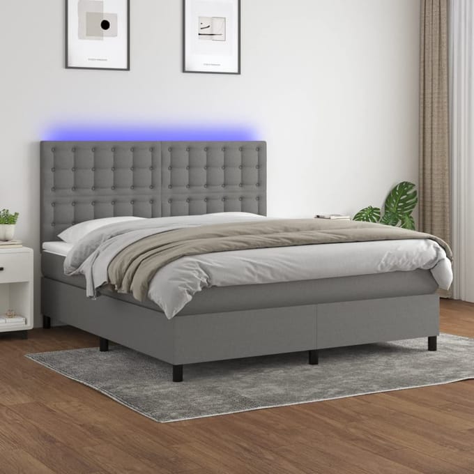 vidaXL - Boxspring - met - matras - en - LED - stof - donkergrijs - 180x200 - cm