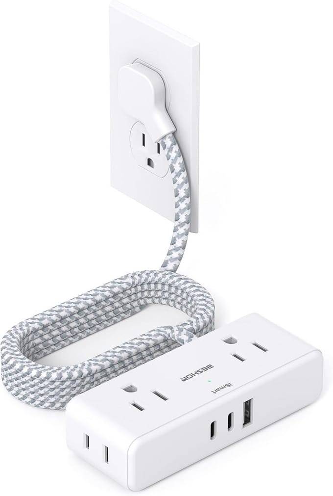Platte verlengkabel met 4 stopcontacten en 3 USB-poorten (2 USB-C) - 1,8 m