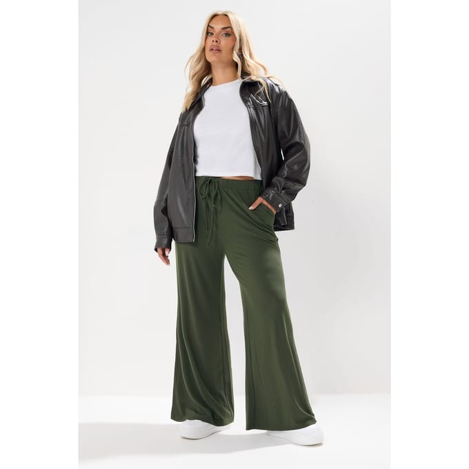 Yours Forest Green Geribbelde Wijde Broek Size 54-56