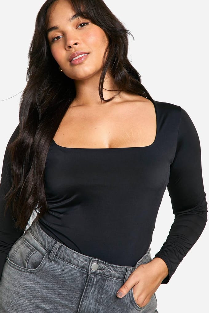 Dames Boohoo Basics Plus Dubbel Laag Slinky Square Neck Bodysuit | Black | Maat: 28