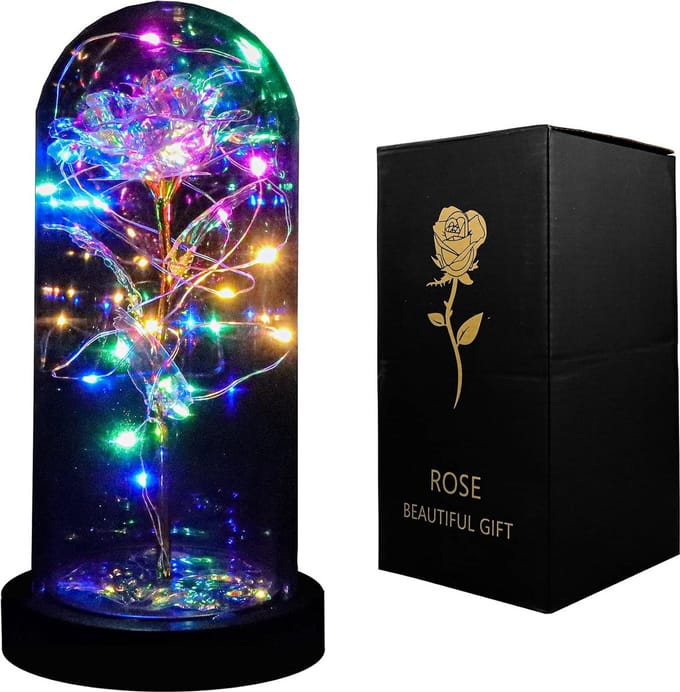 Eeuwig Bloem Rozenboeket met LED Licht in Glazen Koepel Romantisch Cadeau