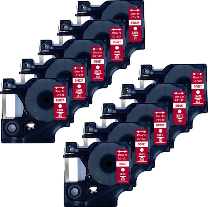 DULA Dymo D1 45027 Compatible label tape - 10 lettertapes - Wit op rood - 12mm x 7m