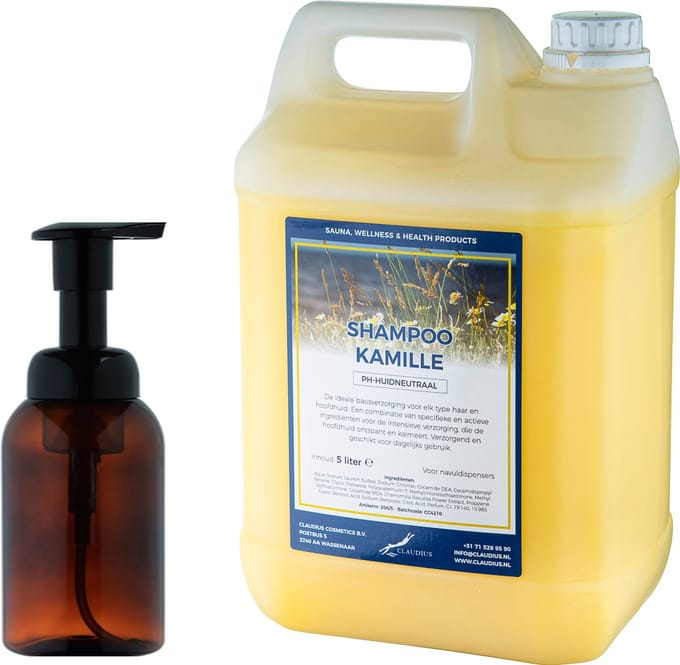 Zeepdispenser 300 ml amber bruin hervulbaar + 5 liter Shampoo Kamille navulling