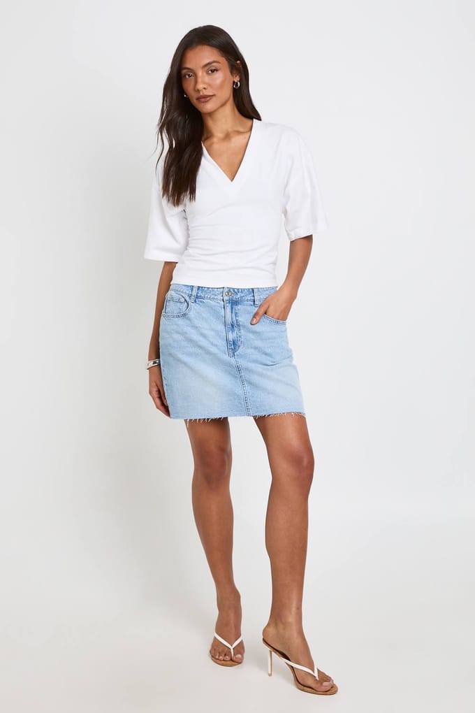 boohoo Dames Hoge Denim Mini Rok | Licht Gebleekt | Maat: 44