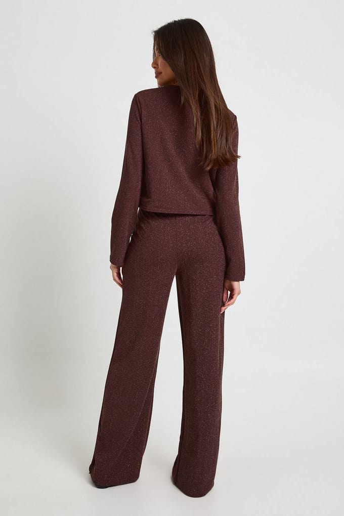 boohoo Dames Boxy top met glitterrib en gouden knopen | Chocolate | Maat: 8