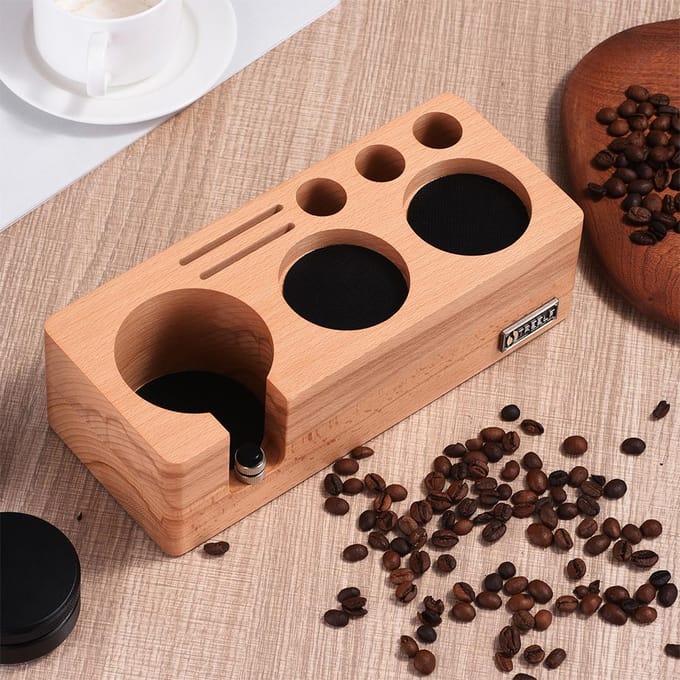 TREELF Station de bourrage à expresso adaptée aux accessoires à expresso de 58mm, boîte en bois de hêtre réglable 54mm marron