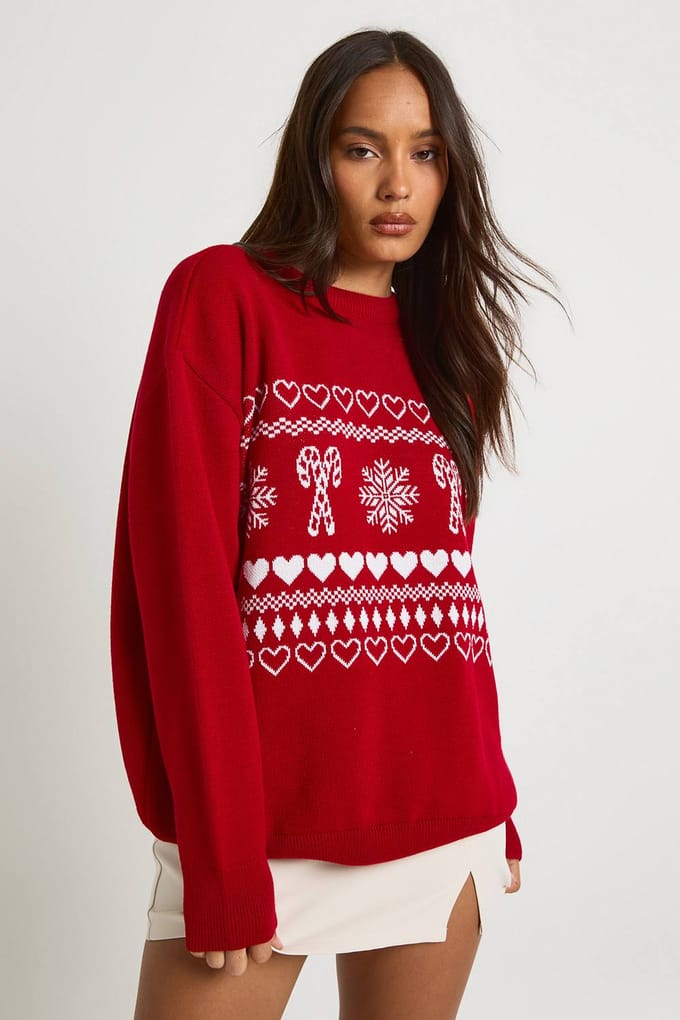 boohoo Dames Candy Cane Longline Kersttrui | Rood | Maat: XS