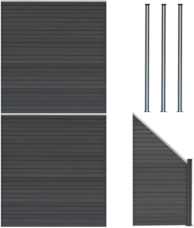 Composiet schutting panelenset - grijs - 185x446cm - met led-palen