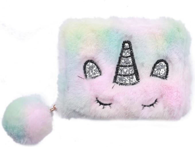 Portemonnee - Fluffy Unicorn en Pompon - Ritssluiting - 12x9x2,5 cm - Regenboog