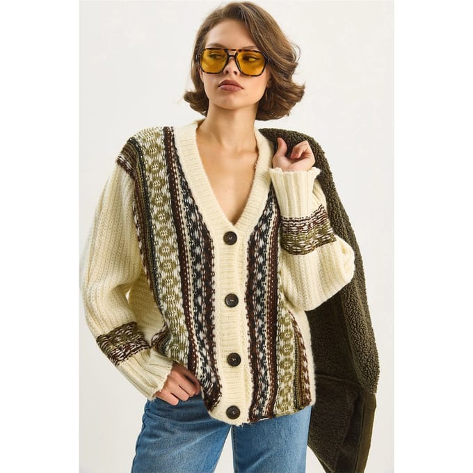 Etnische Print V-hals Lange Mouw Knopen Sluiting Cardigan