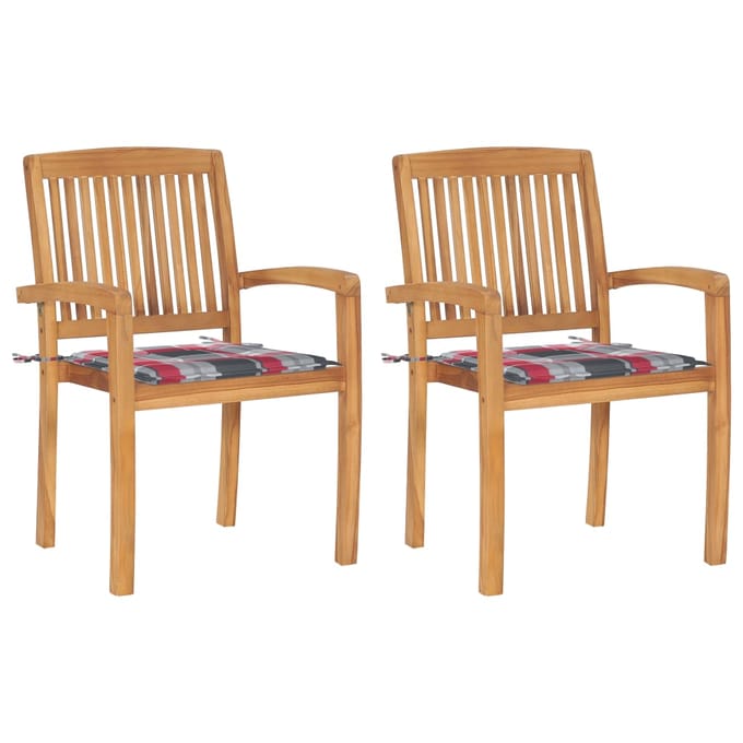 vidaXL - Tuinstoelen - 2 - st - met - rood - geruite - kussens - massief - teakhout