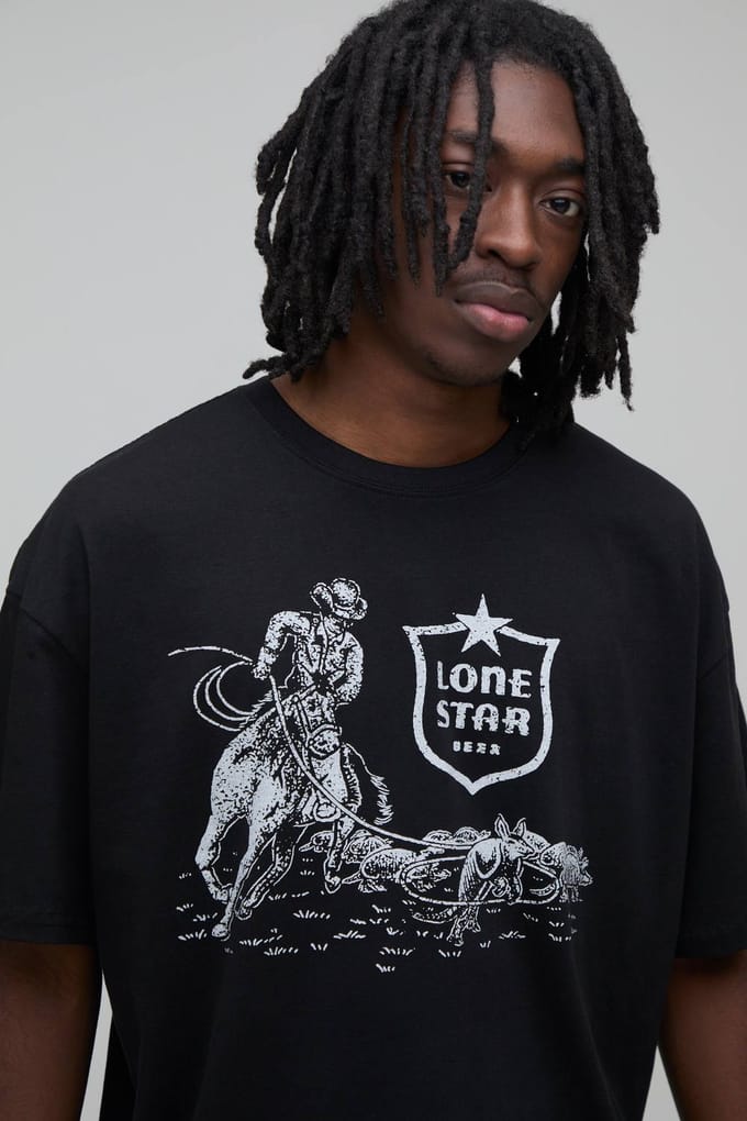 Oversized T-shirt Met Lone Star Beer Cowboy Licentie Print | Black | Size Medium
