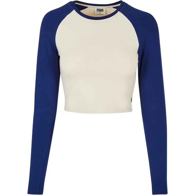 Urban Classics - Organic Cropped Retro Baseball Longsleeve top - XXL - Gebroken wit/Blauw
