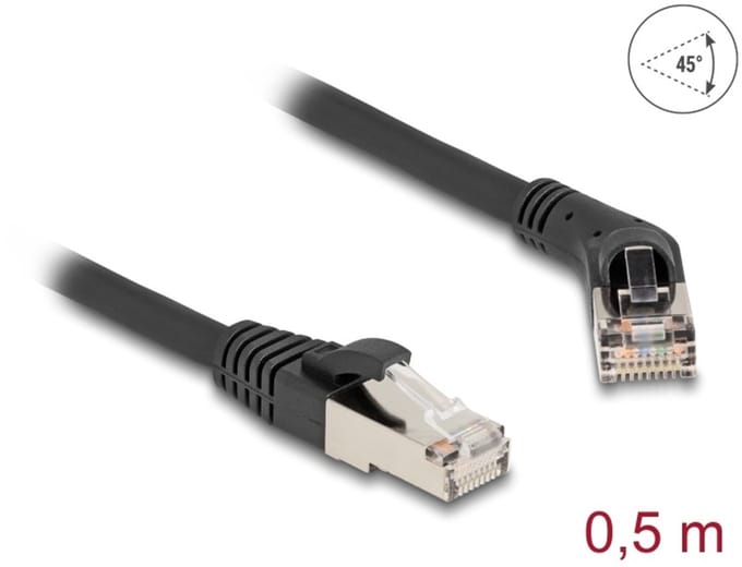 Delock RJ45 Network Cable Cat.6A S/FTP plug 45° right angled to plug straight 0.5 m black