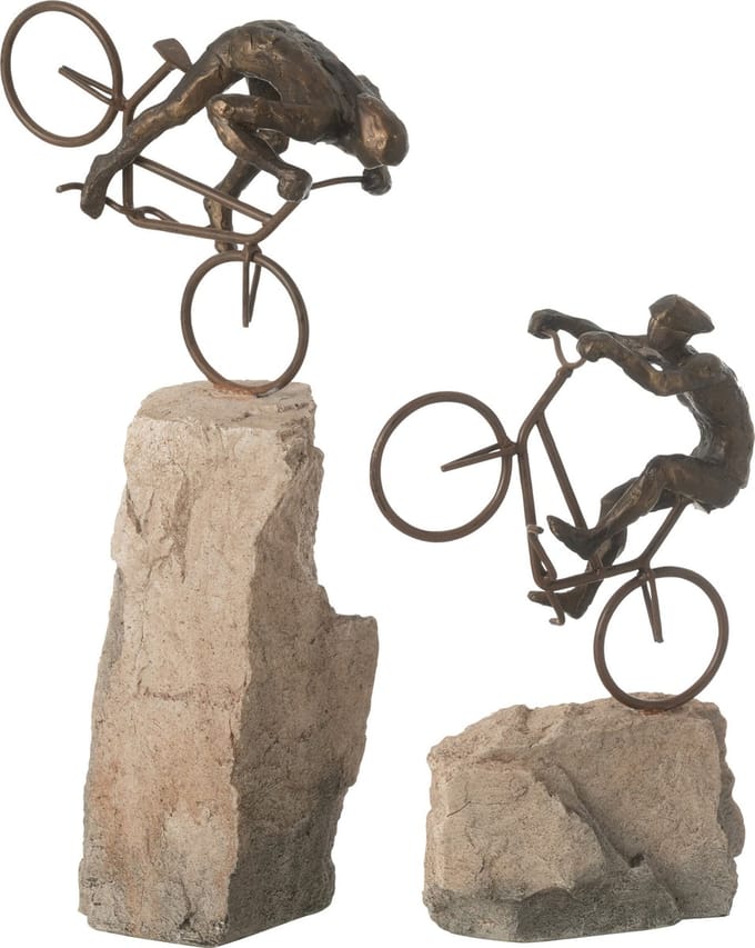 J-Line decoratie Fietsers Op Rots - polyresin - beige/zwart - 2 stuks